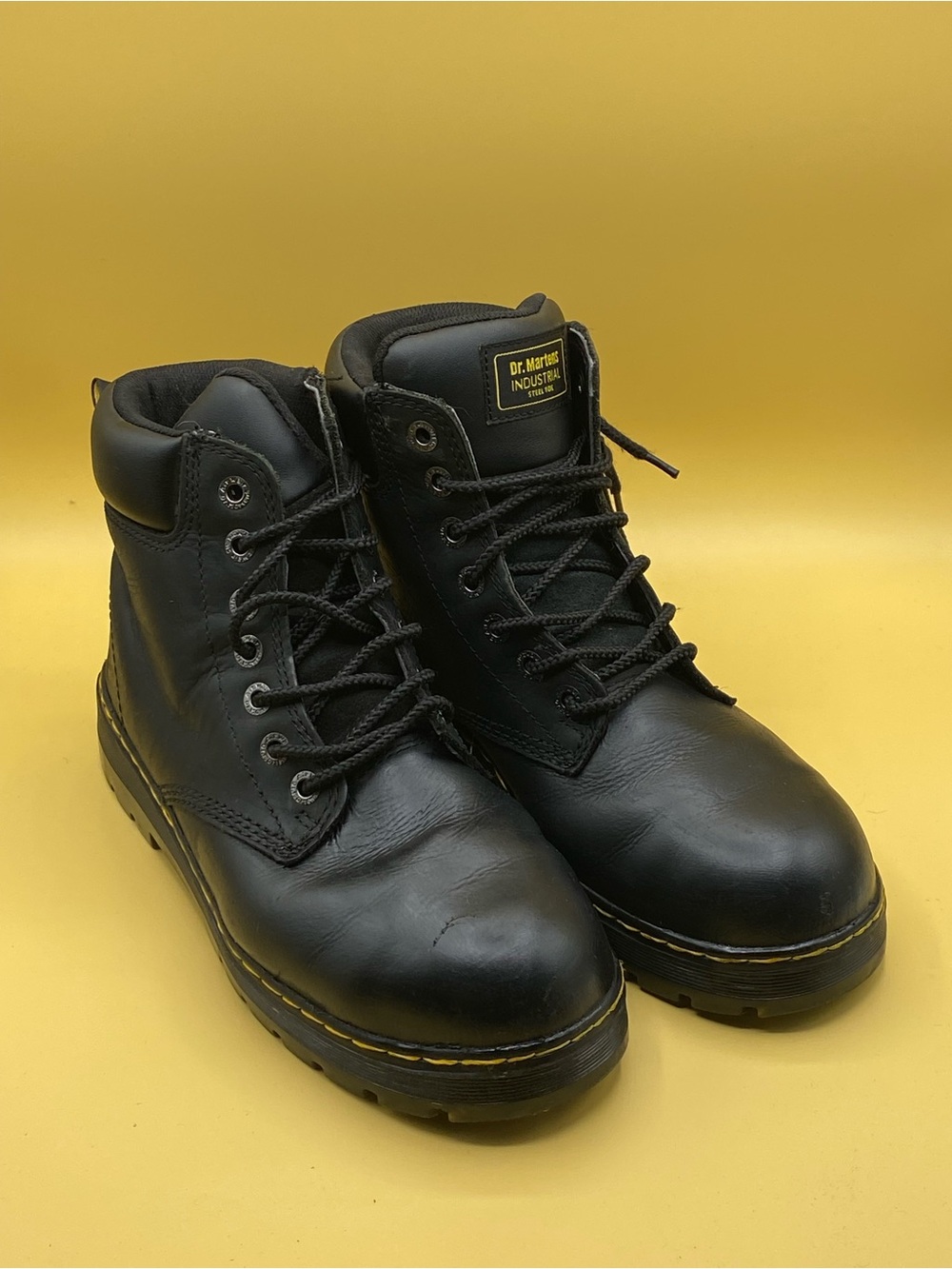 Dr. Martens Black Leather Lace-Up Work Boots with Yellow Stitching - Picture 1 of 4